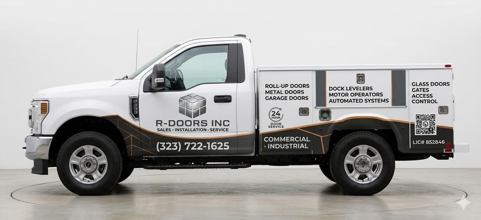 R-Doors Inc. branded service truck — roll-up doors, metal doors, garage doors, dock levelers, gates and access control, (323) 722-1625